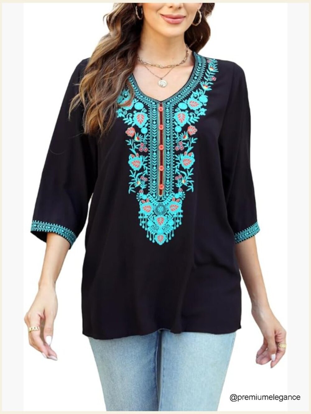 3/4 Sleeve Embroidered Boho Tunic Blouse Loose Peasant Top V-Neck Floral Tee